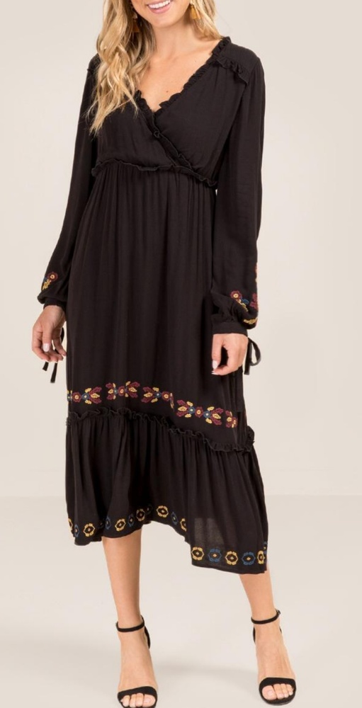 Black boho gypsy embroidered fall maxi dress